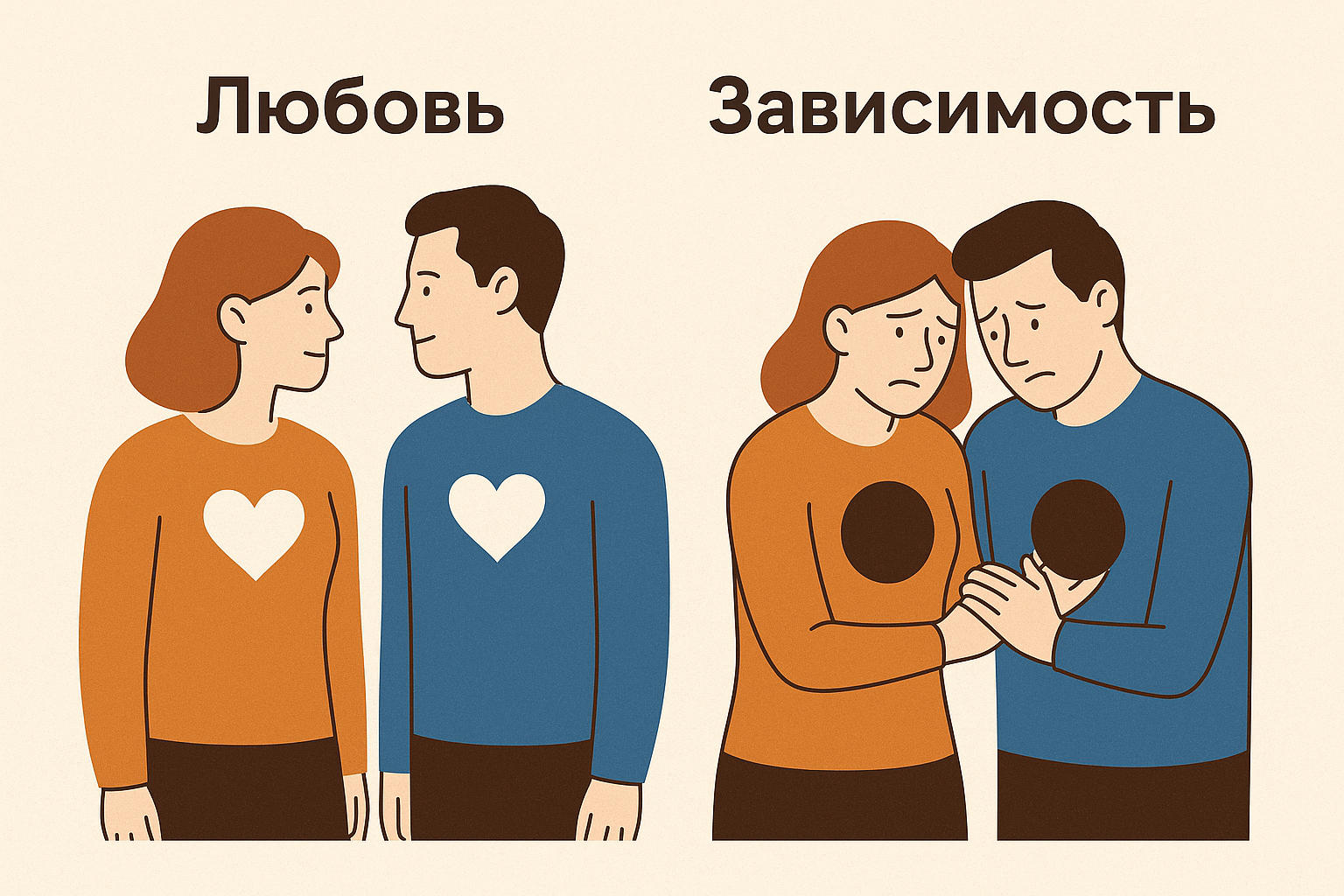 пара в зрелых отношениях, полных тепла и целостности. Справа — пара, в которой один растворяется в другом