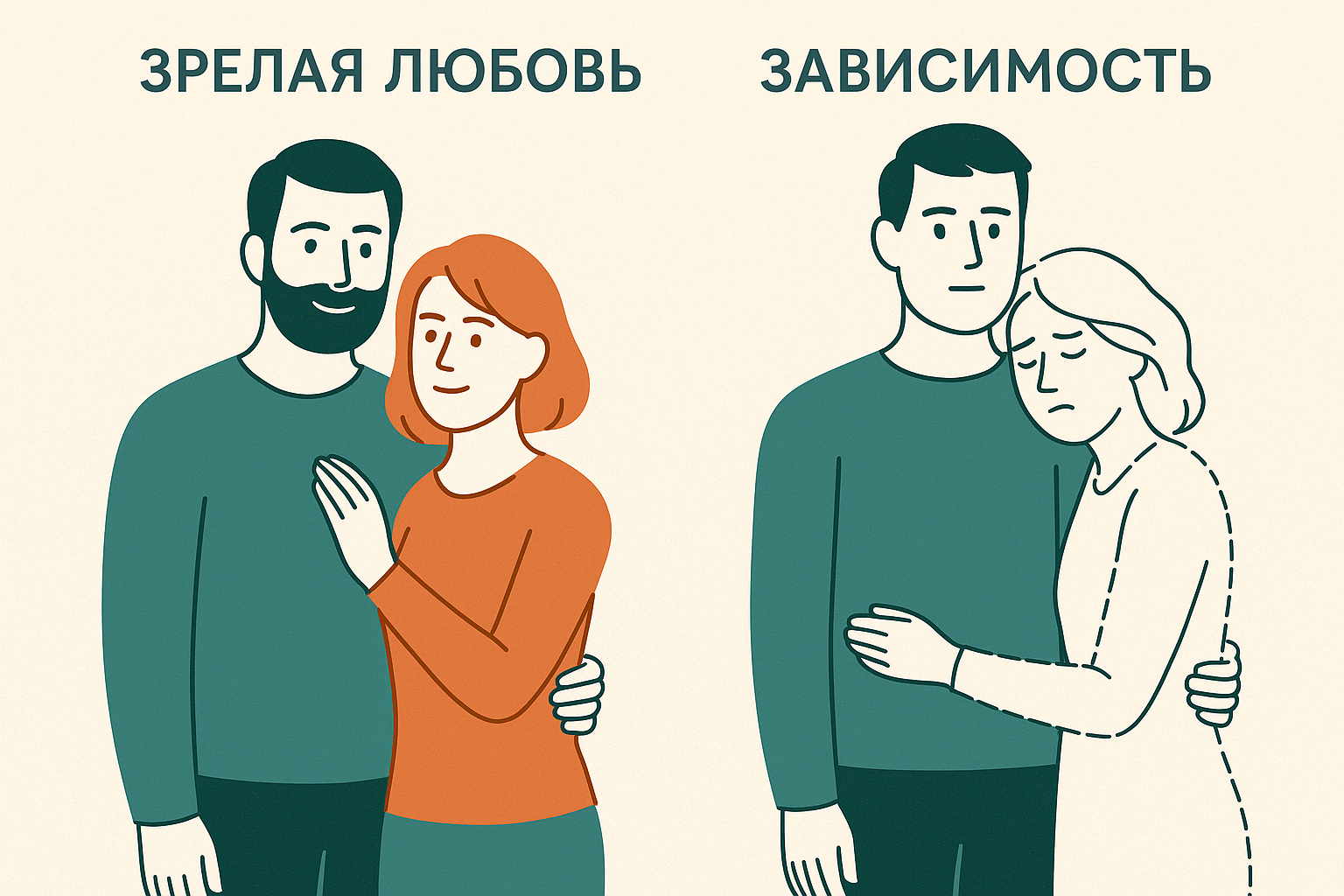 Мужчина и женщина стоят рядом, между ними тёплая связь, но каждый остаётся цельным — визуальный образ зрелой любви и эмоциональной автономии.